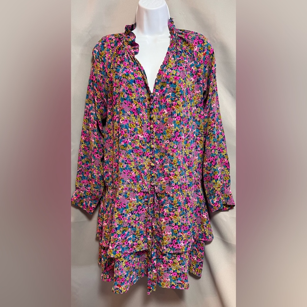 Rebecca Taylor Silk Floral Ruffle Collar Long Sleeve Dress‎ Sz 4 Tie Waist